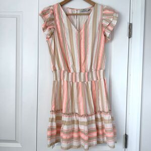 Vineyard Vines Women's Coral & Tan Tiered Striped Cotton V-Neck Dress - Size M